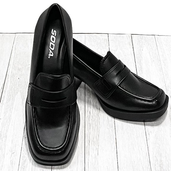New Black Women Slip On Chunky Heel Penny Loafers - Picture 3 of 7